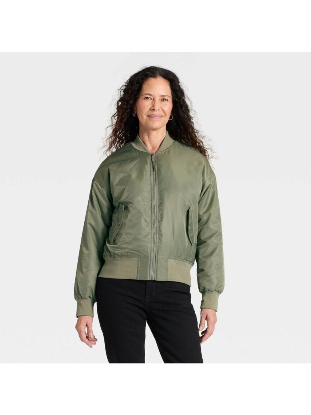 K-246 Universal Thread Women's Large Satin Bomber Jacket, Olive Green